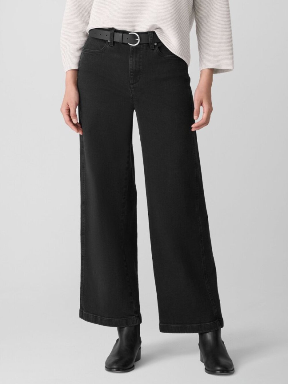 EILEEN FISHER Cotton Stretch Wide Leg 30.5" Jeans Black Large Organic High Rise